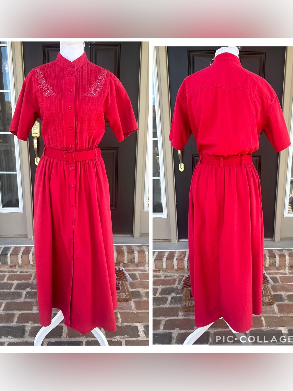 Vintage 80s 90s lipstick red cotton pintuck cutout button midi shirt dress M